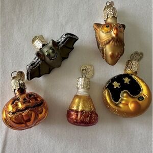 Old‎ World Christmas Mini Halloween Glass Blown Ornaments Bat Owl Moon Lot Of 5